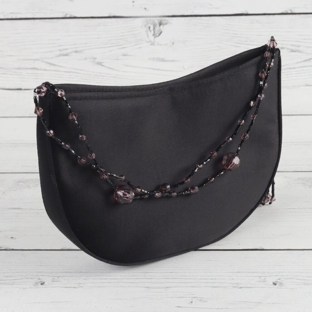 La Regale Black Satin Mini Crossbody or Clutch Bag Beaded Tassels Button Closure - Picture 7 of 8